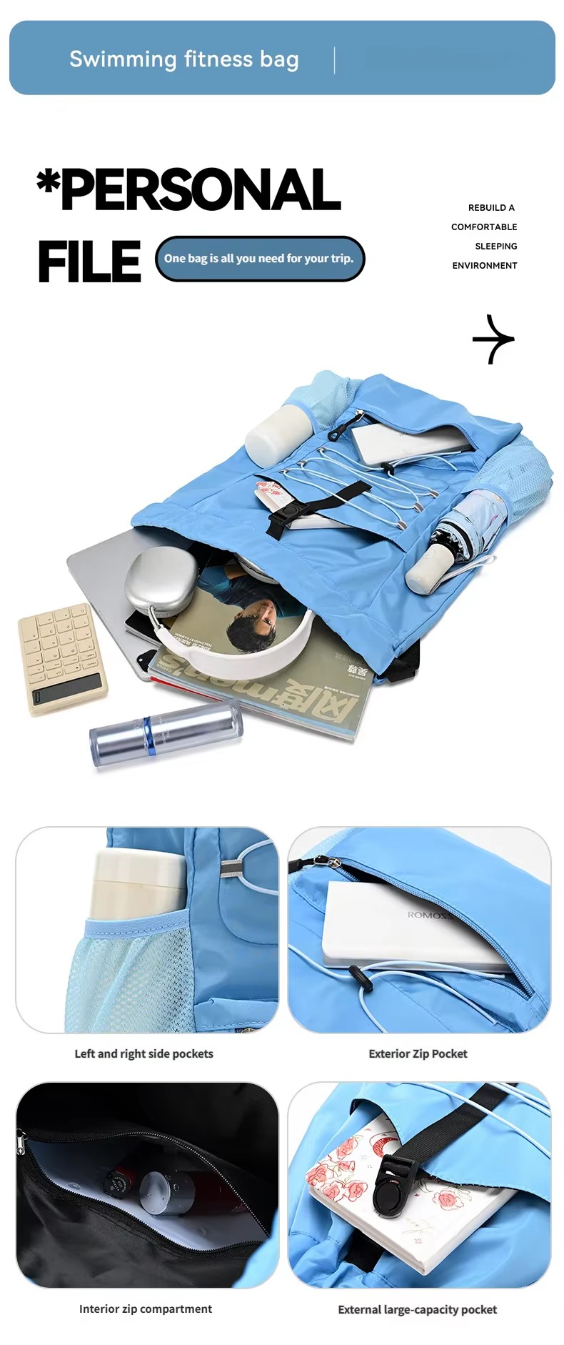 contents, side pockets, exterior zip pocket and interior compartment