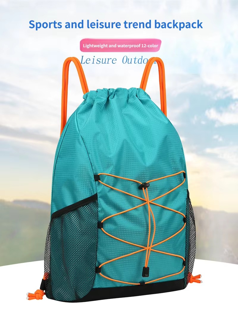 lake green drawstring backpack with orange bungee cord