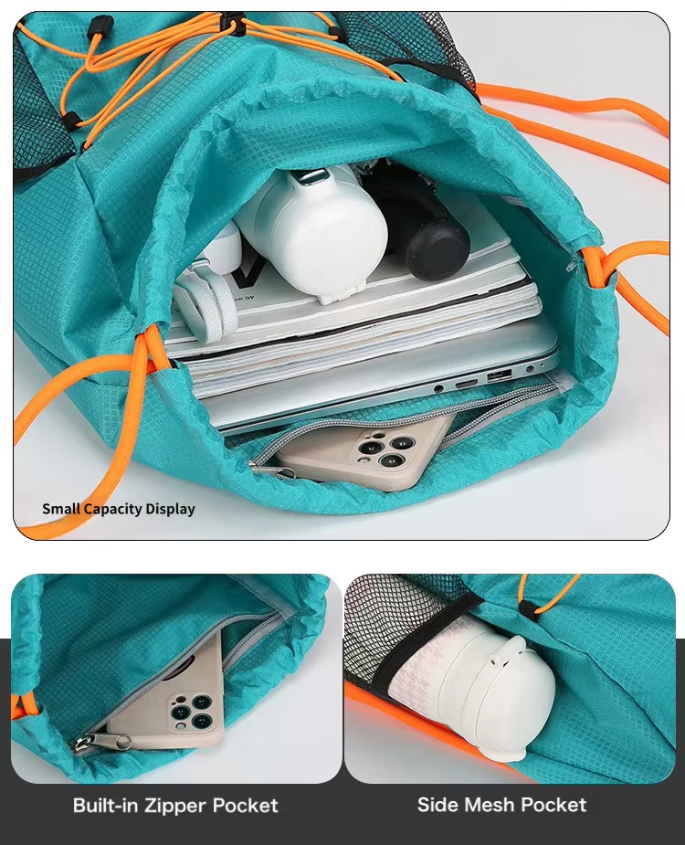 laptop and items in small-size backpack, inner zipper and side mesh pockets