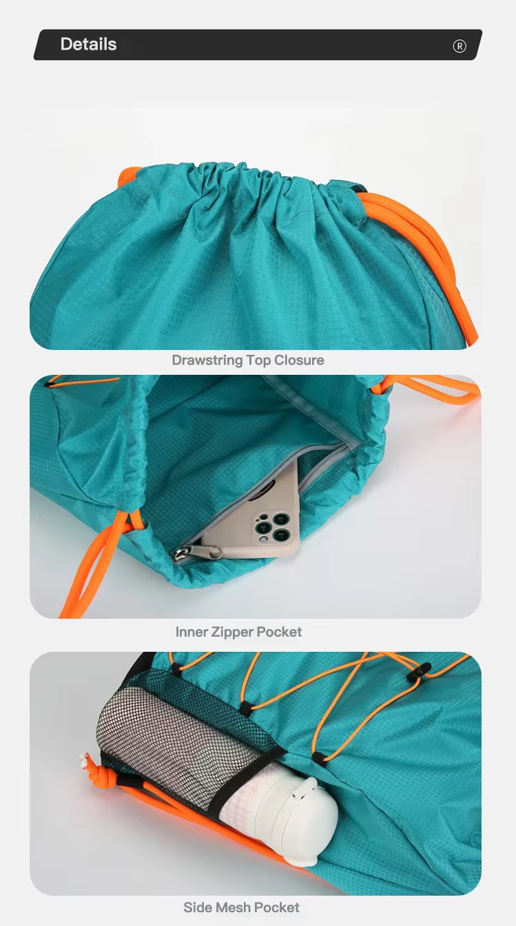 drawstring closure, inner zipper pocket and side mesh pocket