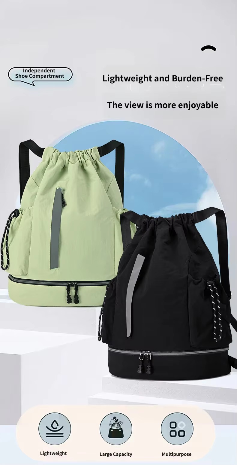 green and black drawstring backpacks with shoe compartment