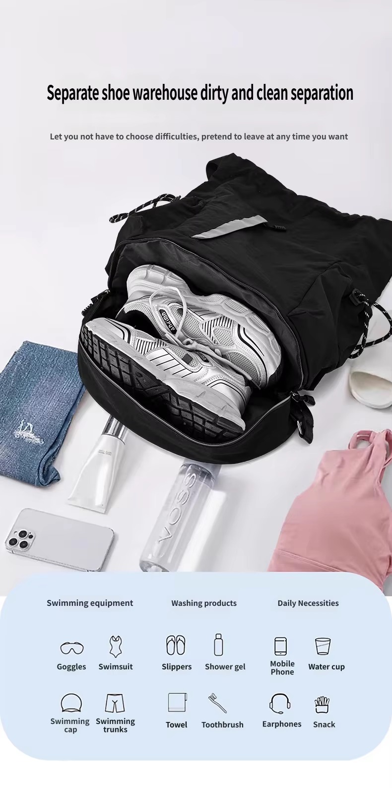 shoes in separate shoe compartment with swim and daily items