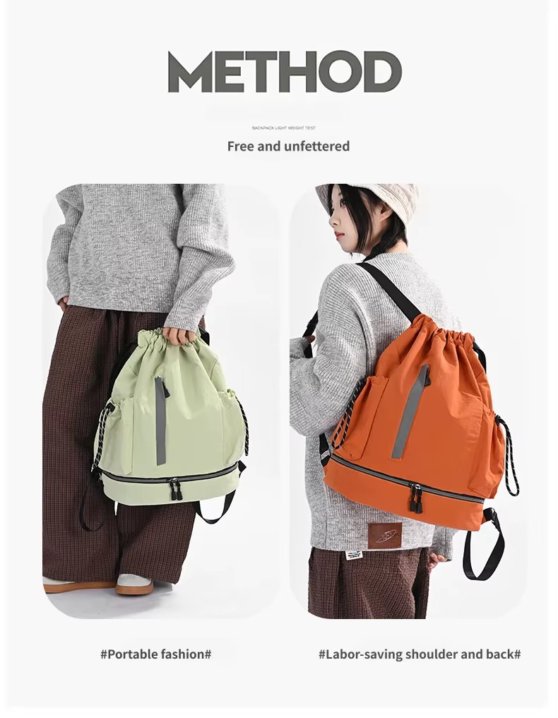 models carrying green and orange backpacks