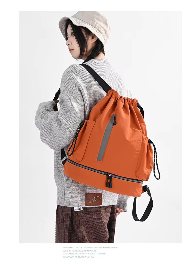 woman wearing orange backpack