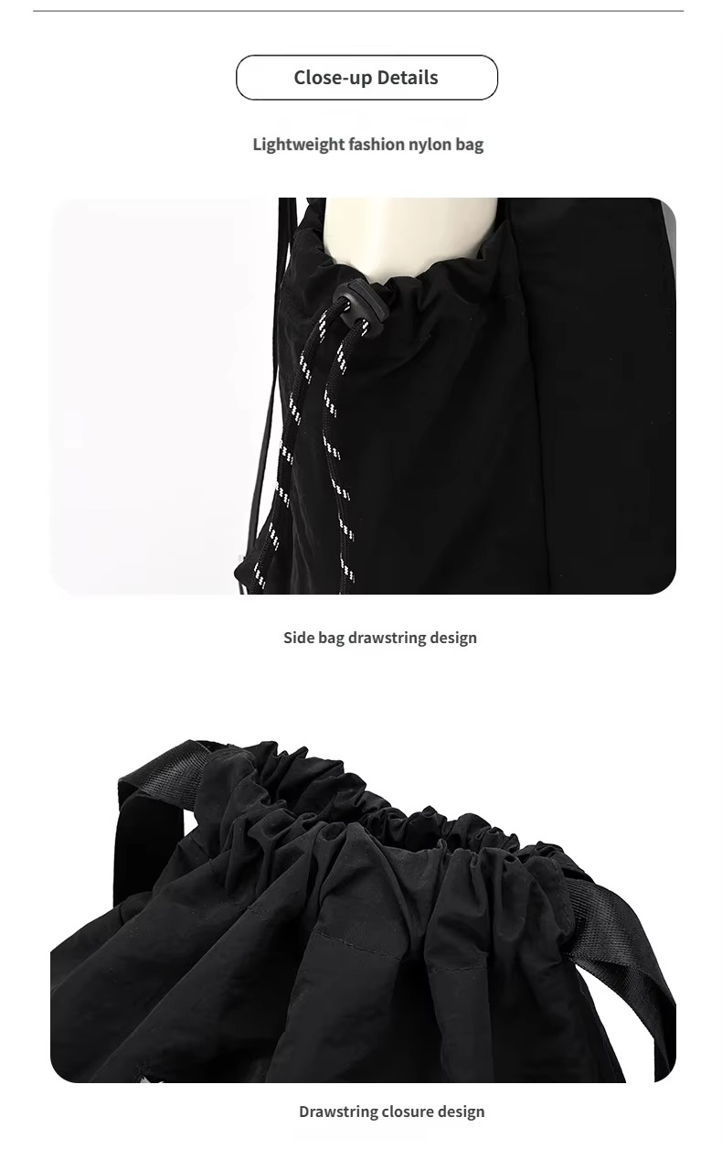 side drawstring pocket and drawstring closure close-ups