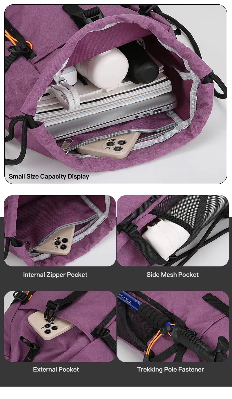 small-size capacity, internal zipper, side mesh and front pockets