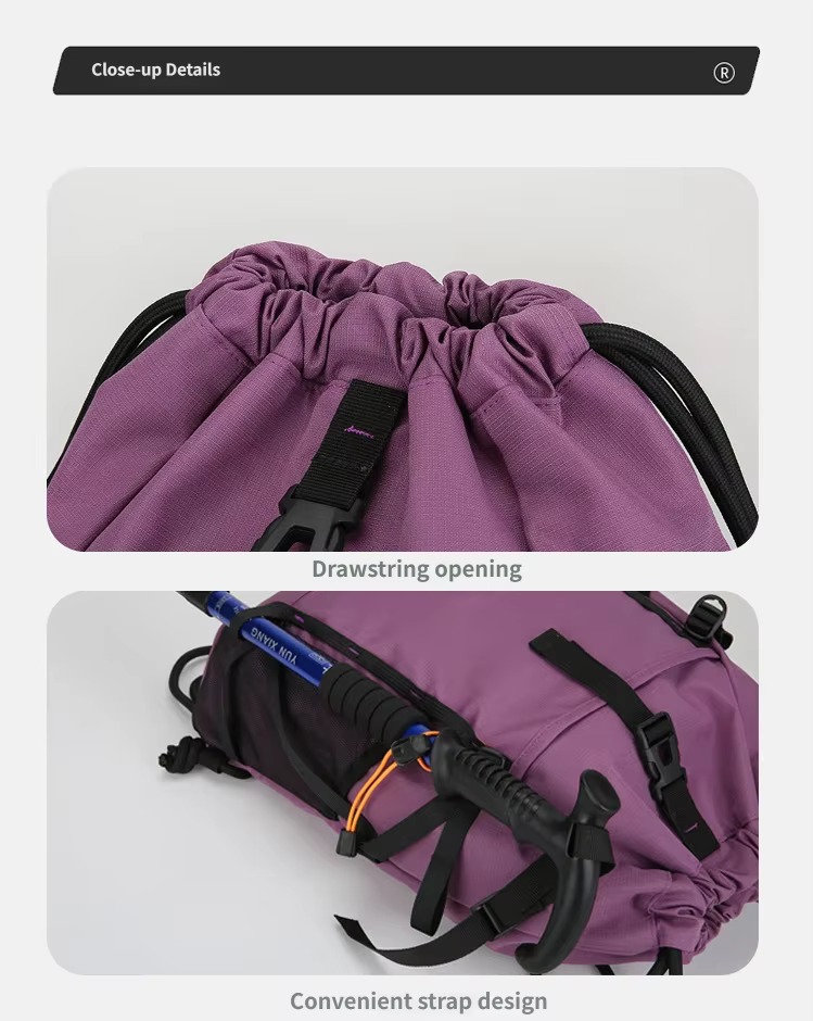 drawstring opening and strap design close-ups