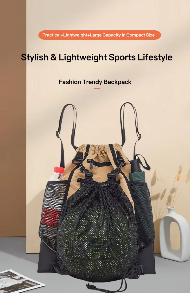 khaki drawstring backpack with basketball in mesh net
