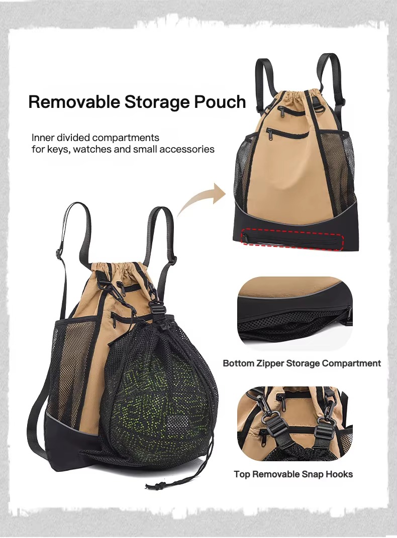 removable storage pouch, bottom zipper compartment and snap hooks