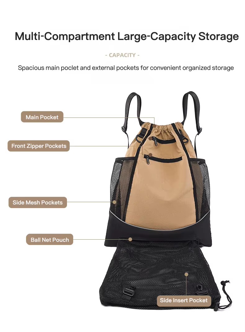 labeled main, front zipper, side mesh pockets and ball net pouch