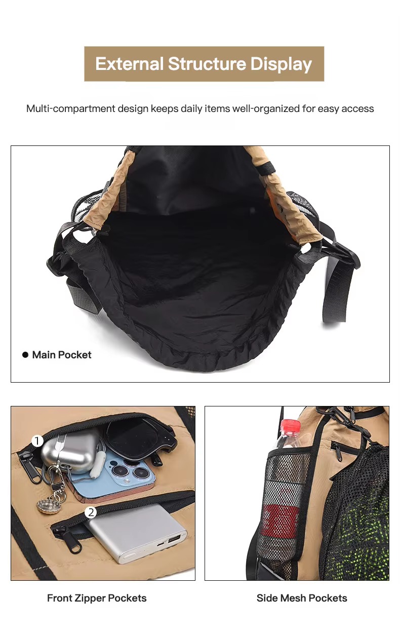main pocket, front zipper pockets and side mesh pockets