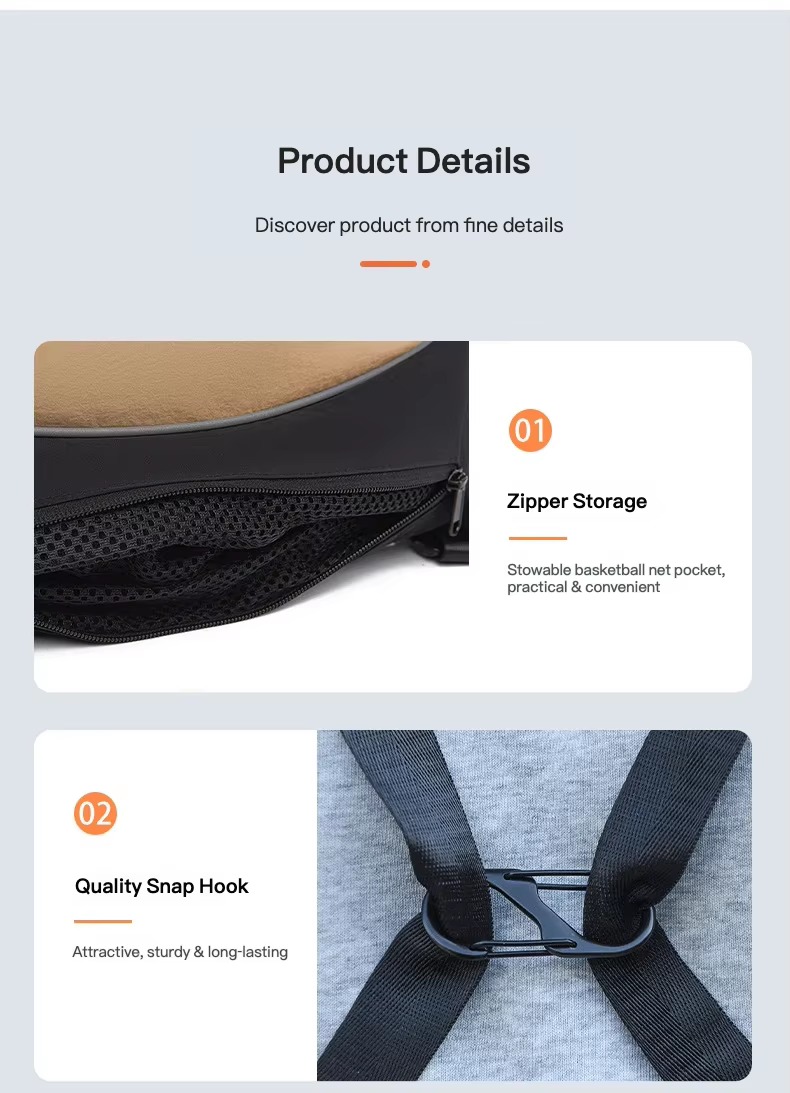 stowable ball net pocket and snap hook details