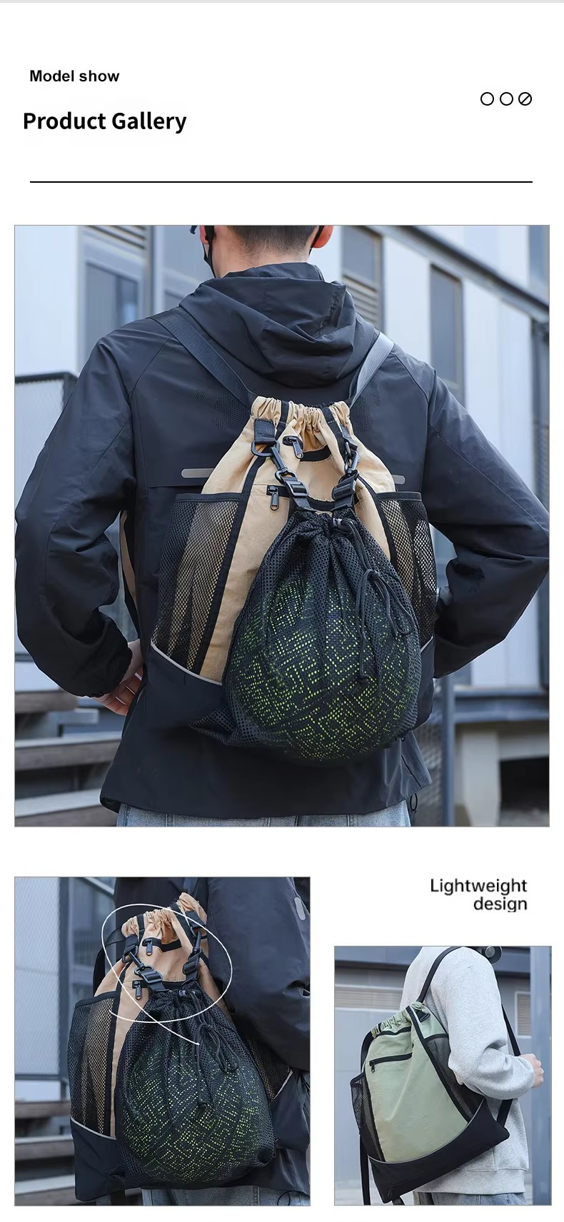 model gallery with khaki and green backpacks