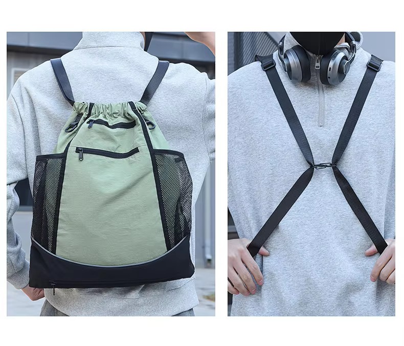 green backpack back view and chest strap
