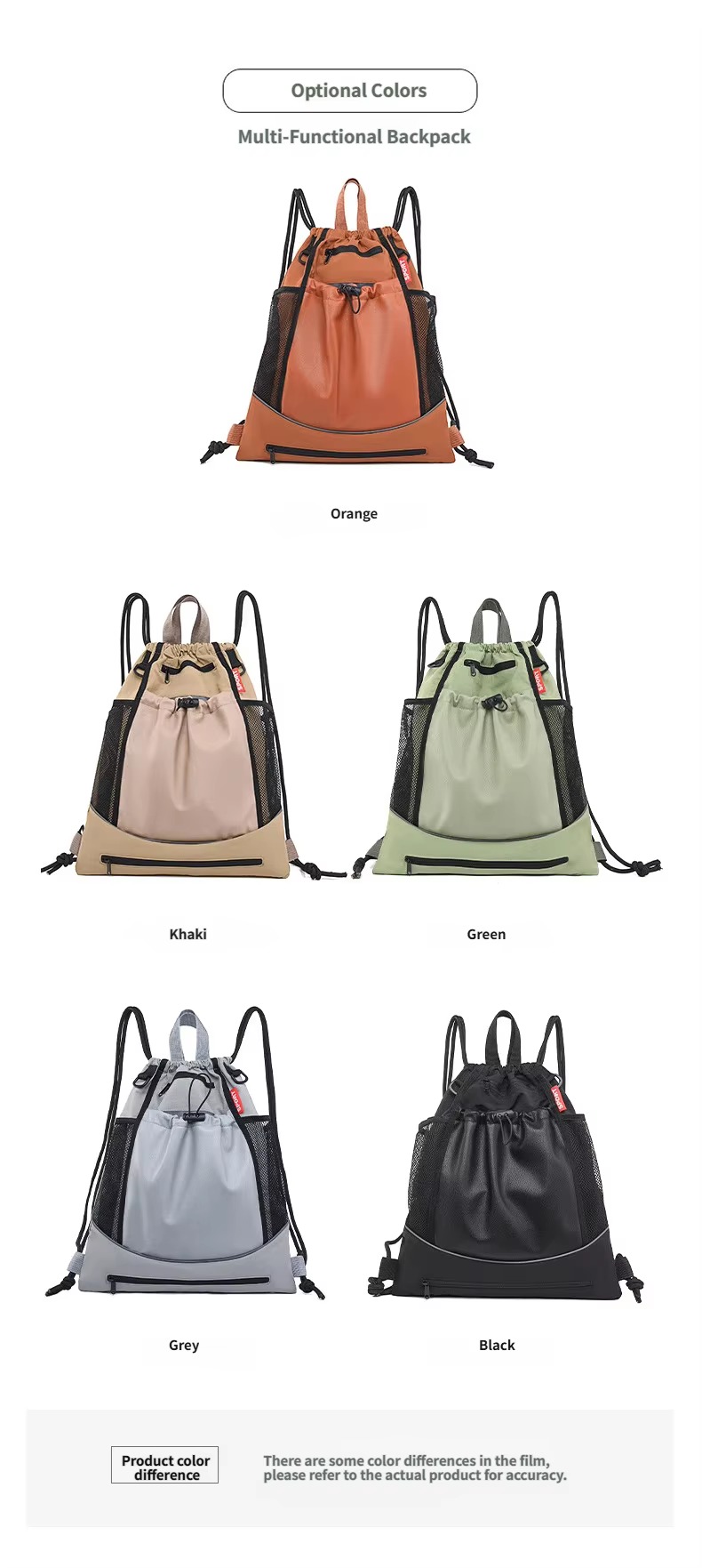 orange, khaki, green, grey and black color options