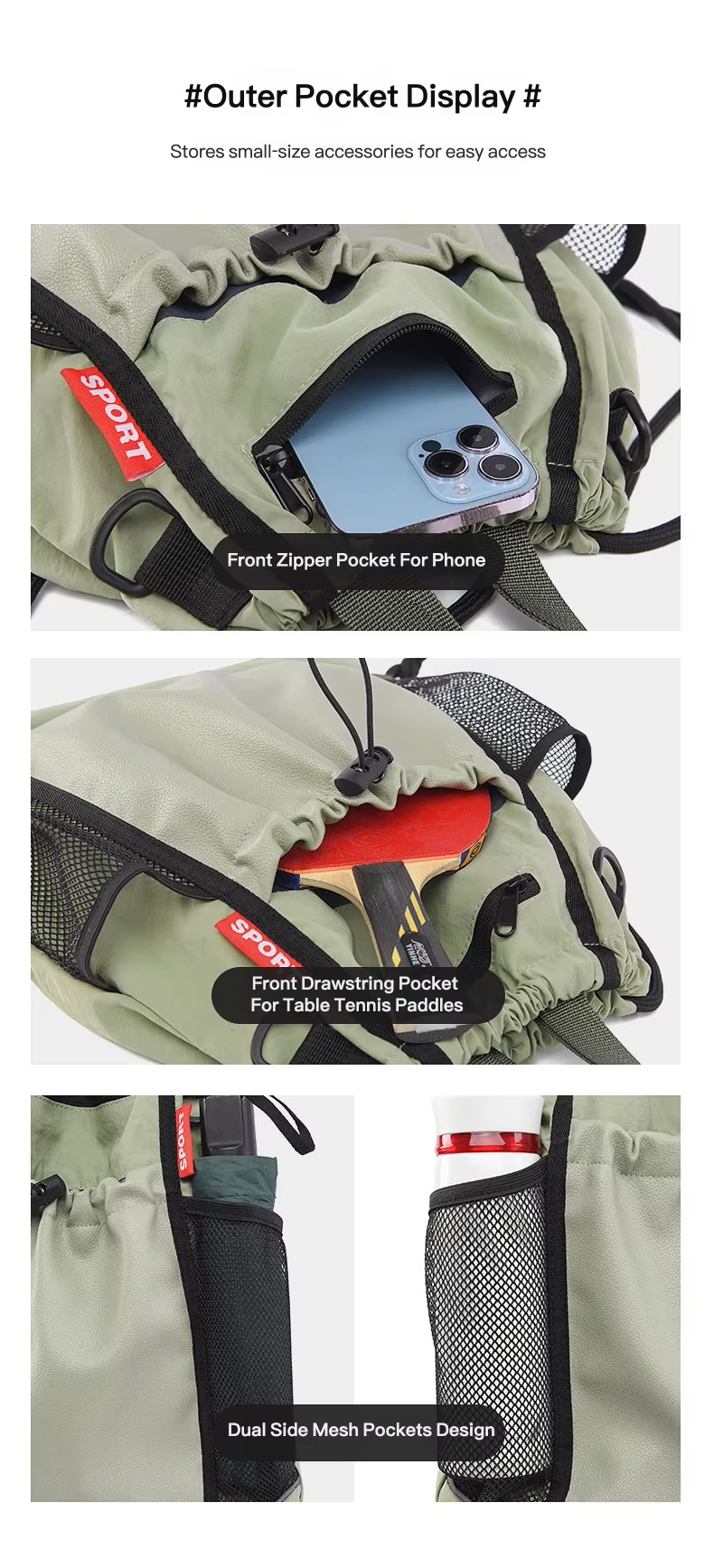 front zipper pocket, paddle pocket and side mesh pockets