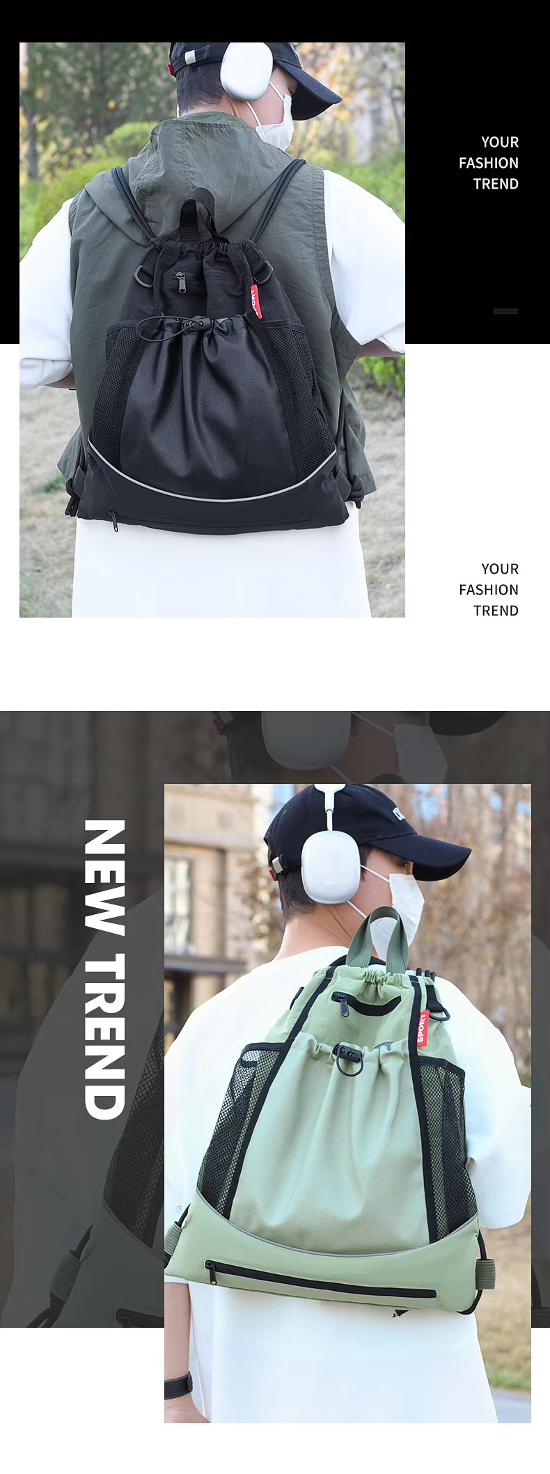 black and green backpacks worn by model