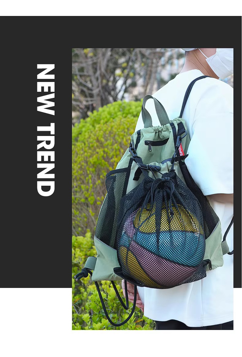 green backpack with basketball in mesh pouch