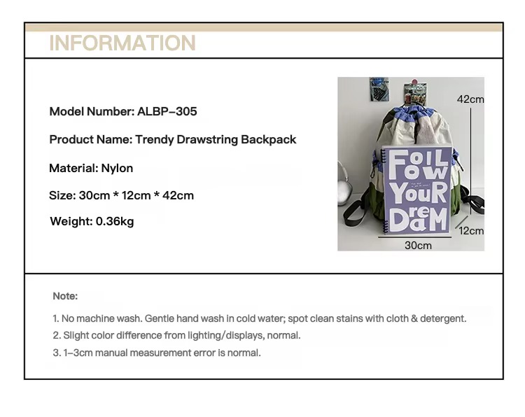 product information with 30x12x42 cm size and 0.36 kg