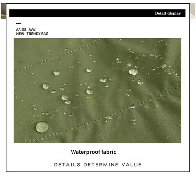 water beads on waterproof green nylon