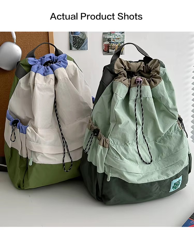 beige and green backpacks side by side