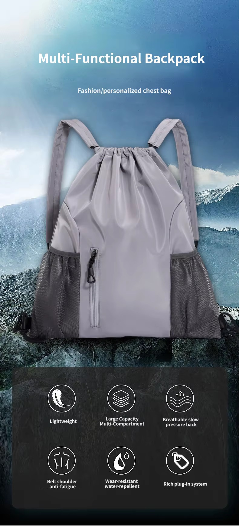 gray multi-functional drawstring backpack on mountain