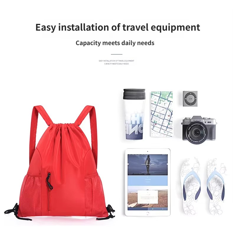 red backpack with travel items