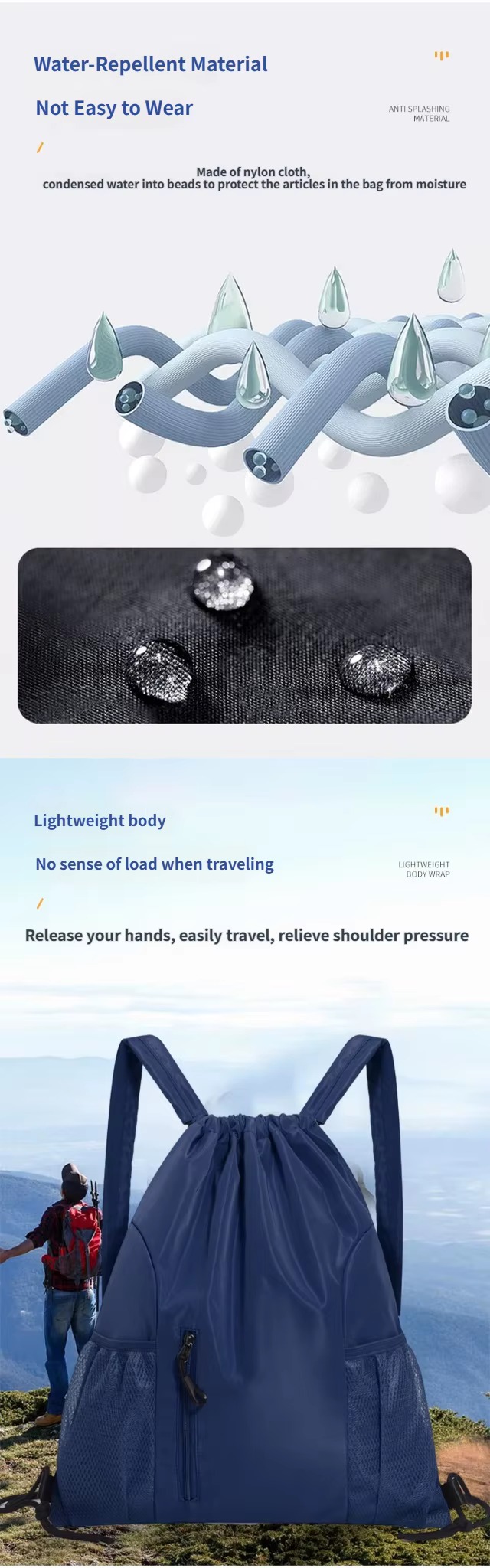 water-repellent nylon and lightweight navy backpack