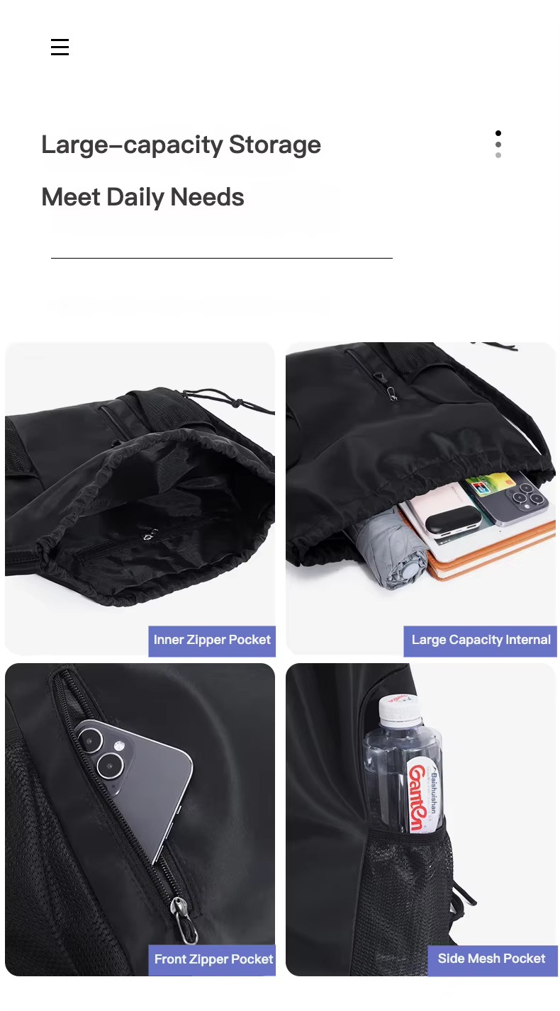 inner zipper pocket, main compartment, front zipper and side mesh pocket