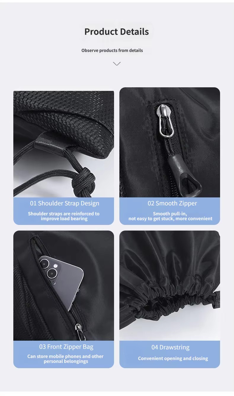 shoulder strap, zipper, front pocket and drawstring details