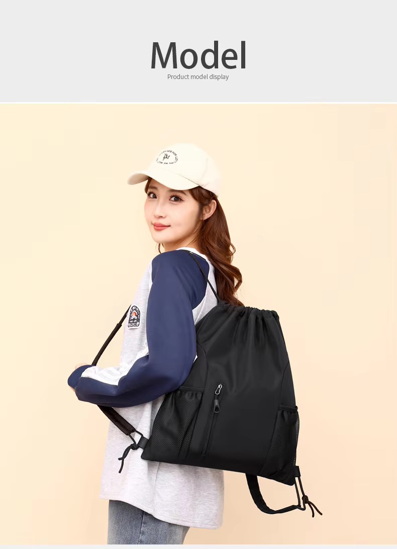 woman wearing black backpack side view