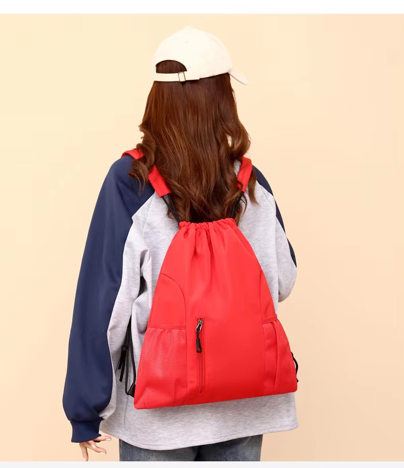 red backpack back view