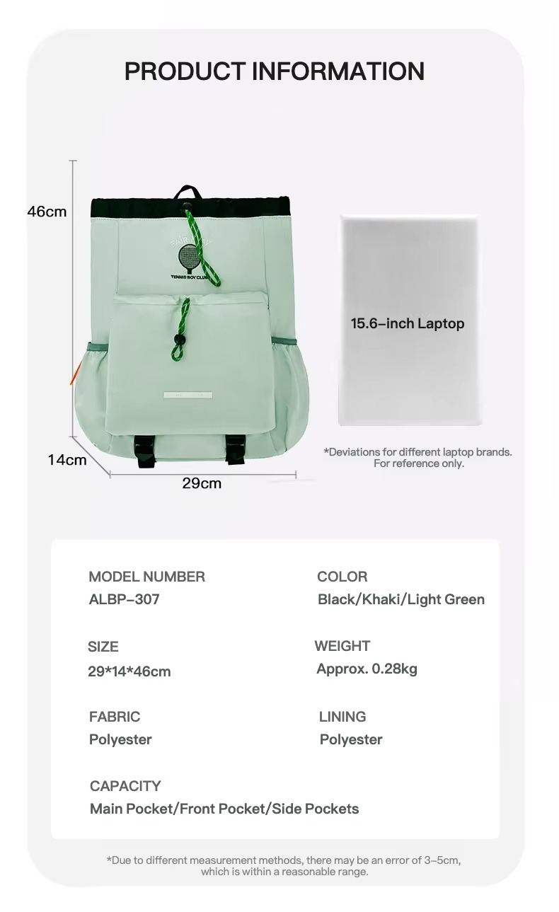 size 29x14x46 cm with 15.6-inch laptop and product info