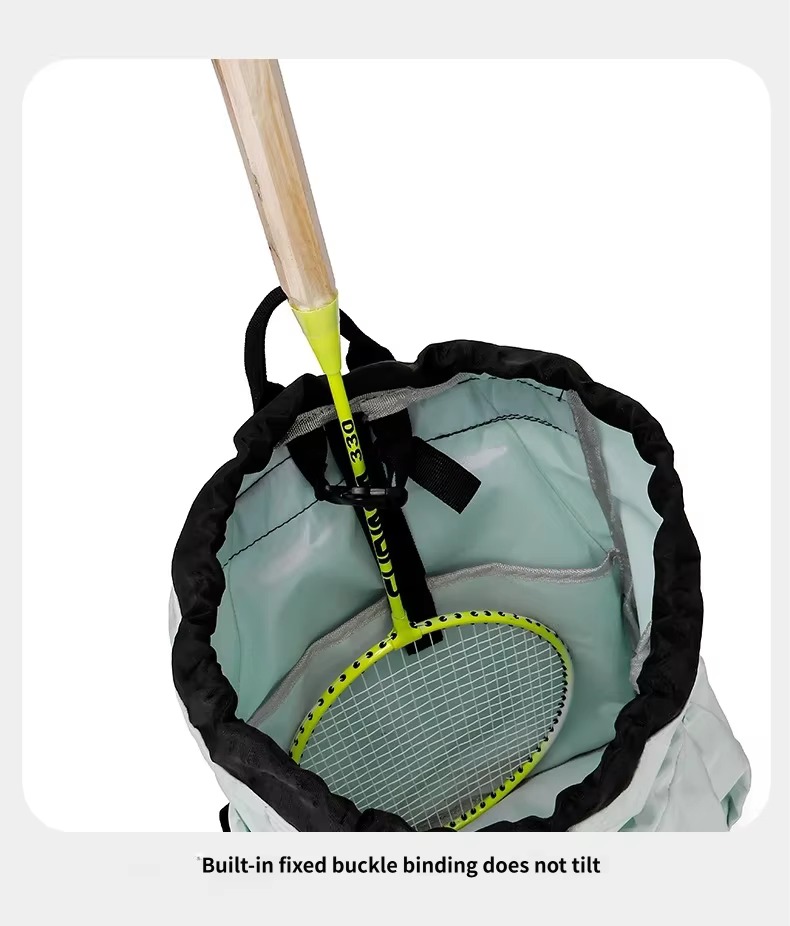 badminton racket held by built-in buckle strap
