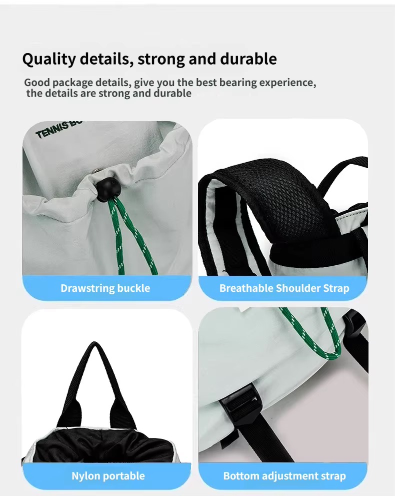 drawstring buckle, breathable strap, handle and bottom strap details