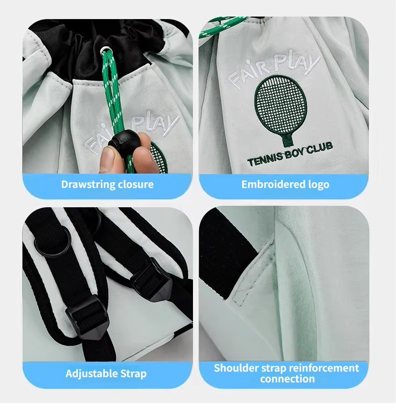 drawstring closure, embroidered patch, adjustable strap and strap reinforcement