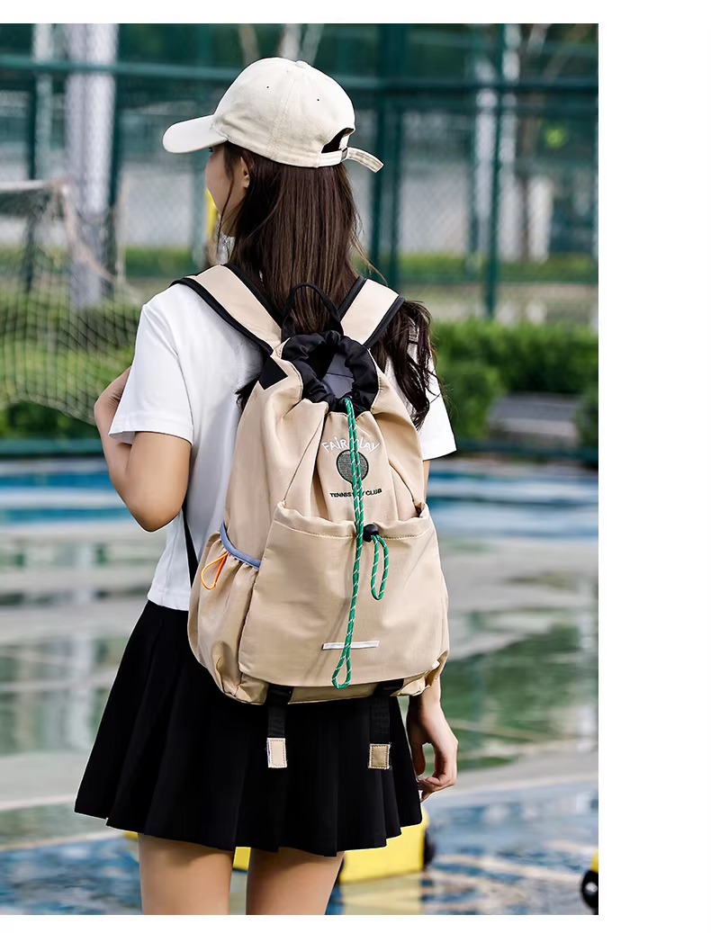 khaki backpack back view