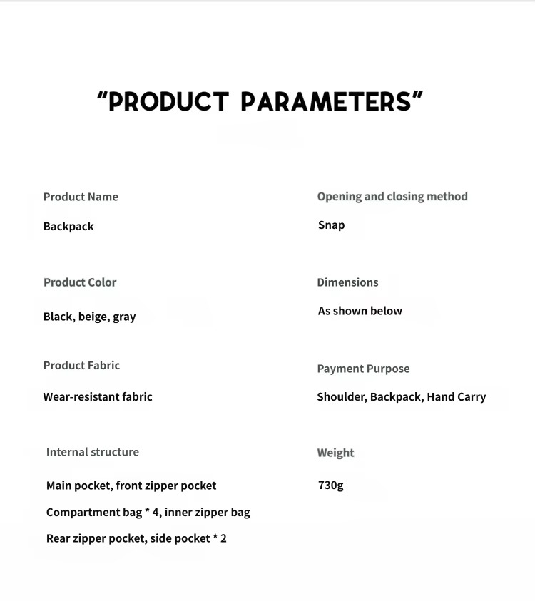 product parameters with 730 g weight and internal structure