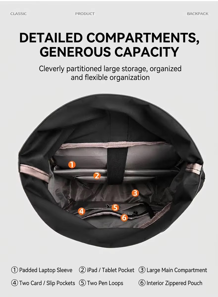 interior with laptop sleeve, tablet pocket and organizer slots