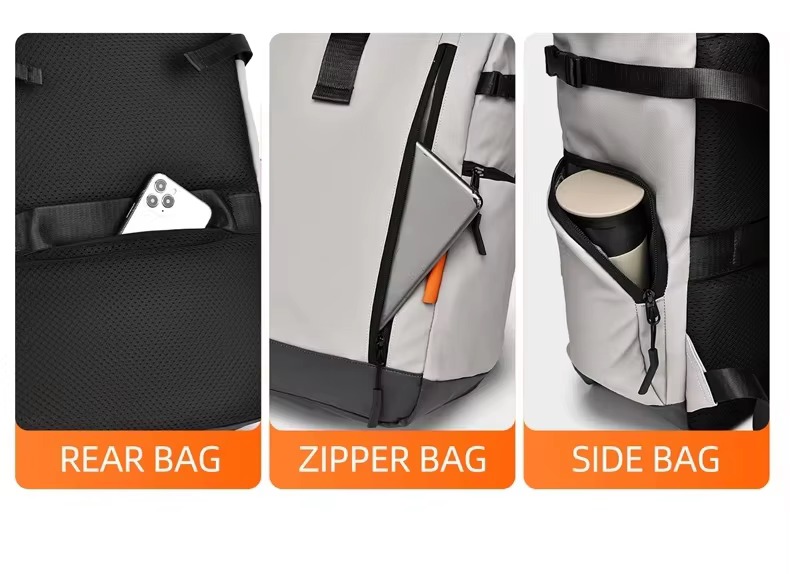 rear zipper, front zipper and side pockets