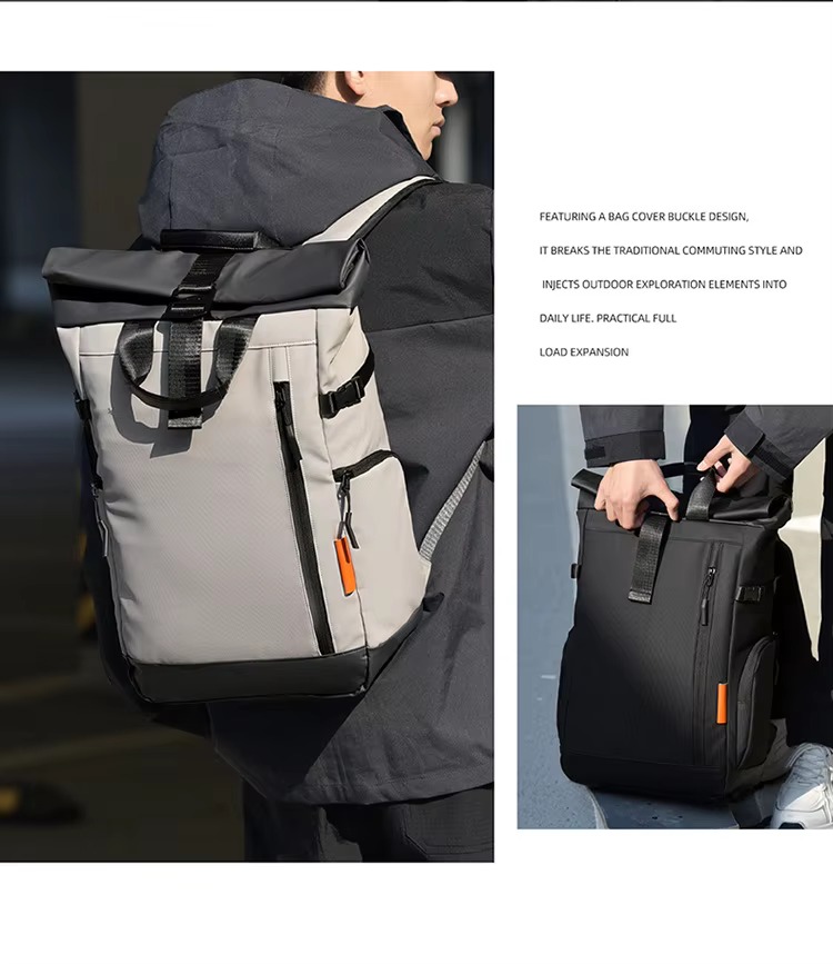 beige and black backpacks on model
