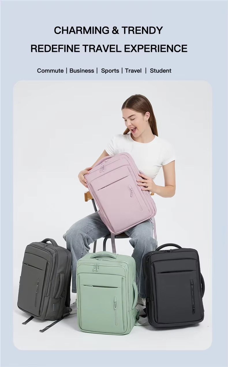 woman with pink travel backpack and green, grey, black versions