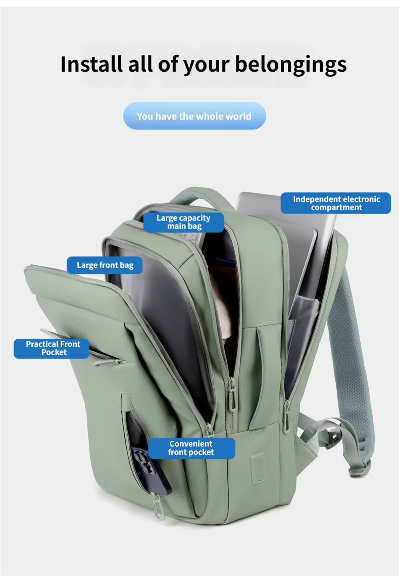 labeled main bag, front bag and electronic compartment