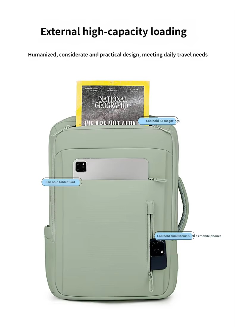 front pockets holding A4 magazine, tablet and phone