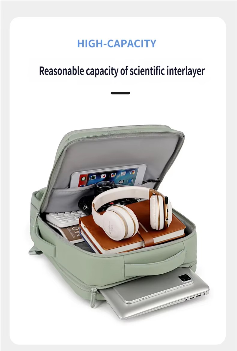 main compartment with tablet, headphones and laptop