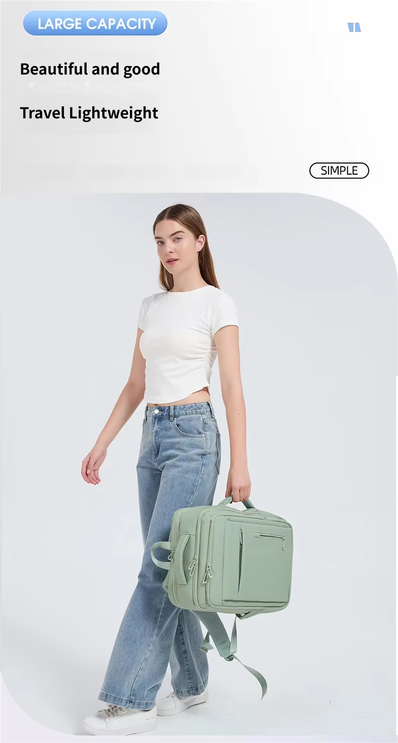 woman carrying green backpack by handle