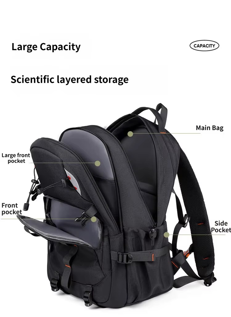 labeled main bag, front pockets and side pocket