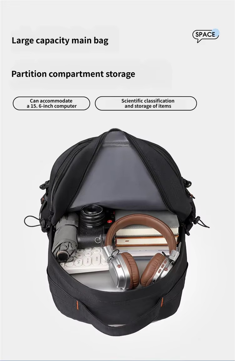 open main compartment with camera and headphones