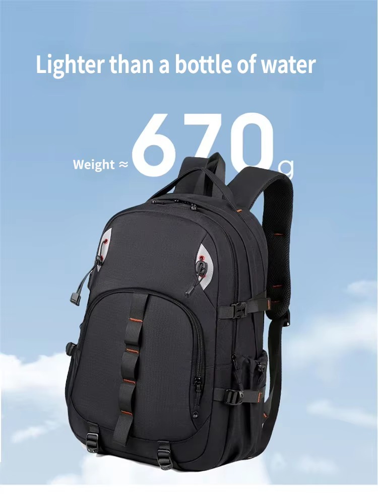 black backpack weighing about 670 g