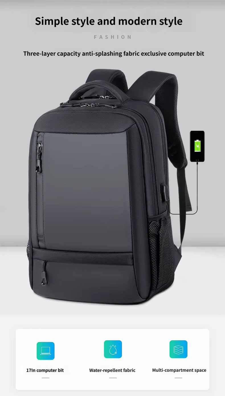black business backpack with USB phone charging